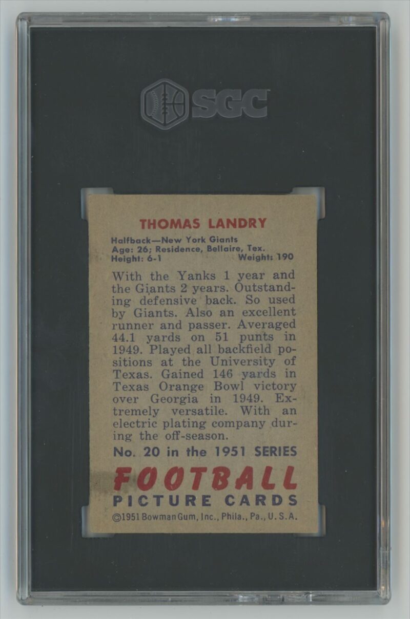 1951 BOWMAN TOM LANDRY ROOKIE SGC 7 NEW YORK GIANTS 20 286685215060 2