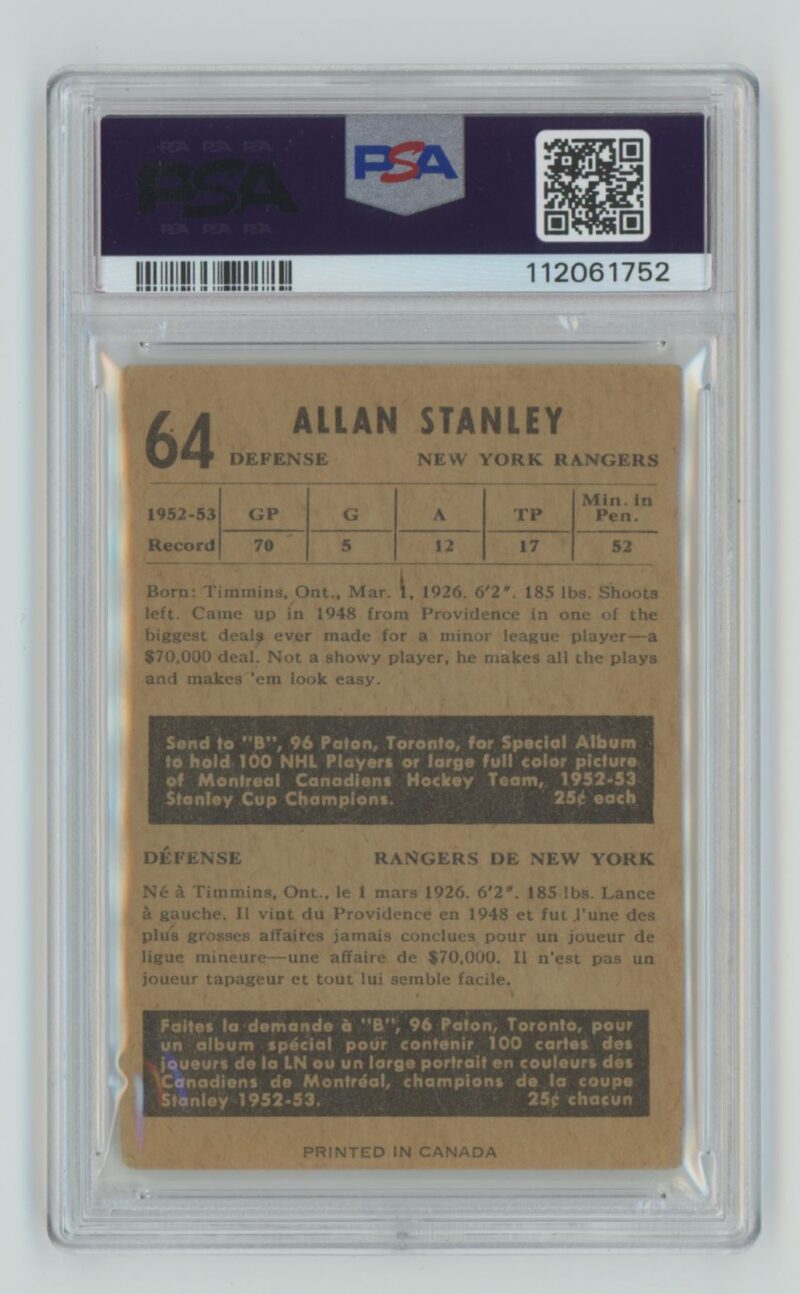 1953 54 PARKHURST VINTAGE HOCKEY ALLAN STANLEY PSA 25 NEW YORK RANGERS 64 286685205320 2
