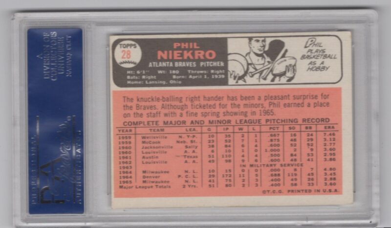 1966 TOPPS PHIL NIEKRO AUTO PSA ATLANTA BRAVES #28 HAND SIGNED AUTOGRAPH; - Image 3