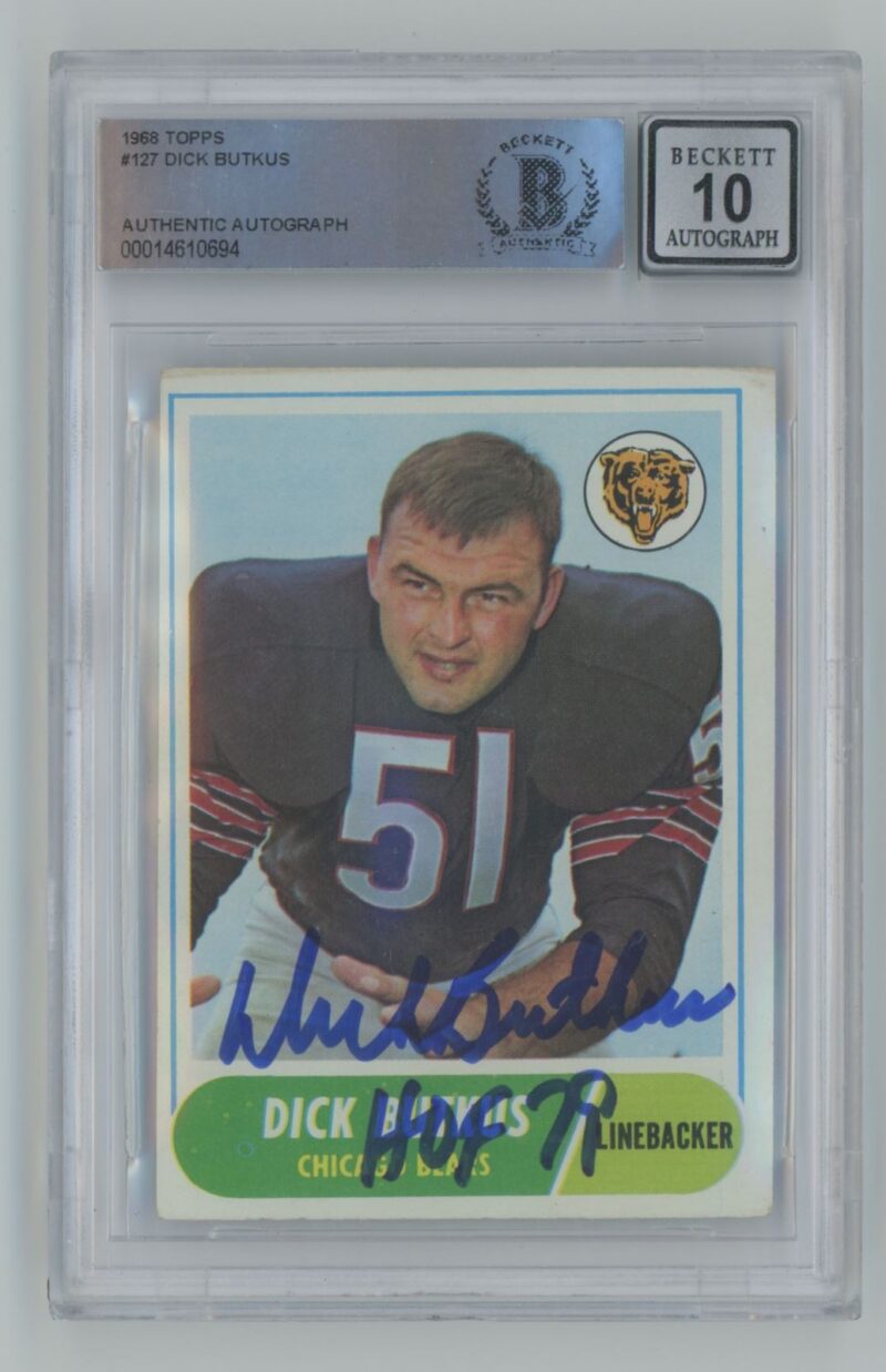1968 TOPPS DICK BUTKUS AUTO BECKETT 10 CHICAGO BEARS #127 INSCRIBED HOF 79