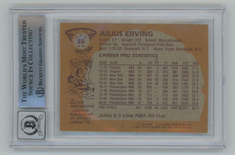1981-82 TOPPS JULIUS ERVING AUTO BECKETT 10 PHILADELPHIA 76ERS #30 AUTHENTIC - Image 3