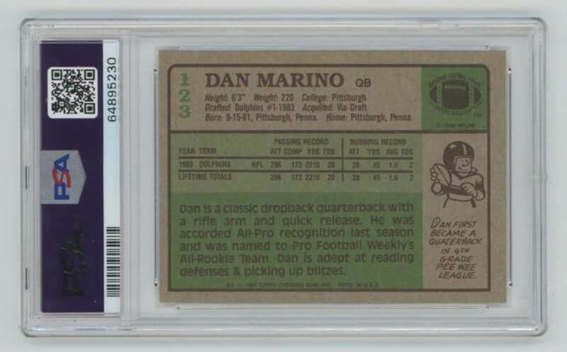 1984 TOPPS DAN MARINO ROOKIE PSA 8 MIAMI DOLPHINS #123 . - Image 3