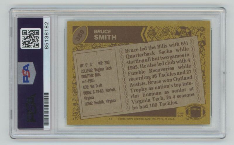 1986 TOPPS BRUCE SMITH ROOKIE AUTO AUTHENTIC AUTOGRAPH PSA 10 BUFFALO BILLS #389 - Image 3