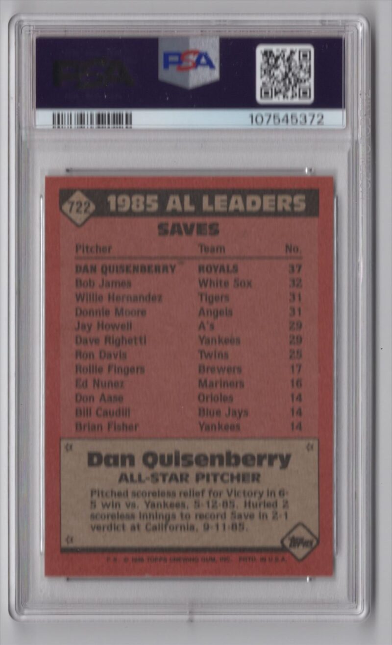 1986 TOPPS DAN QUISENBERRY PSA 9 KANSAS CITY ROYALS #722 POP 13 ONLY 14 HIGHER - Image 3