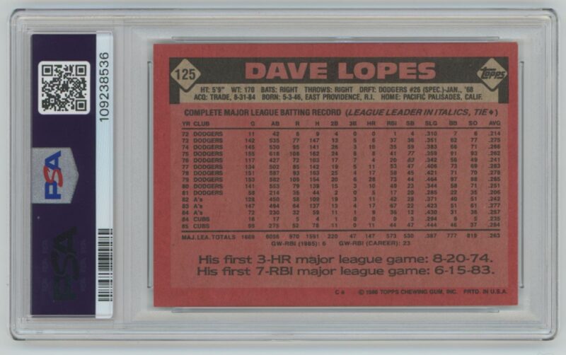1986 TOPPS DAVE LOPES PSA 7 CHICAGO CUBS #125 POP 3, TOTAL POP 23 - Image 3