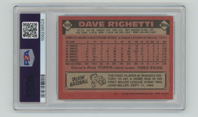 1986 TOPPS DAVE RIGHETTI PSA 8 NEW YORK YANKEES #560 POP 17 ONLY 12 HIGHER - Image 3