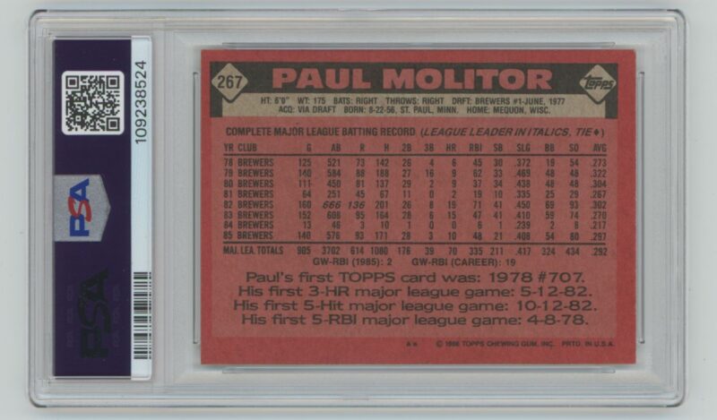 1986 TOPPS PAUL MOLITOR PSA 8 MILWAUKEE BREWERS #267 - Image 3