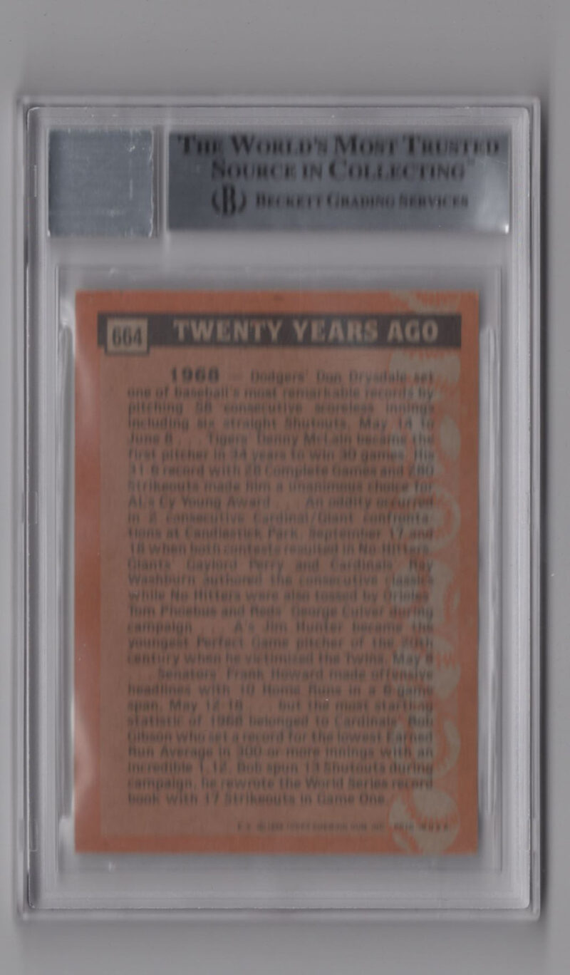 1988 TOPPS 3-15 BOB GIBSON AUTO BECKETT ST. LOUIS CARDINALS #664 AUTO 10 - Image 3