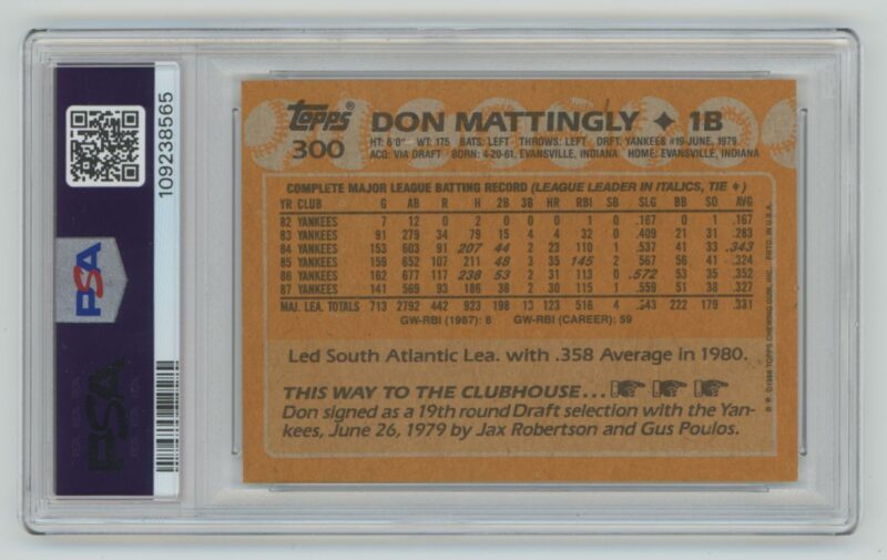 1988 TOPPS DON MATTINGLY PSA 9 NEW YORK YANKEES #300 - Image 3