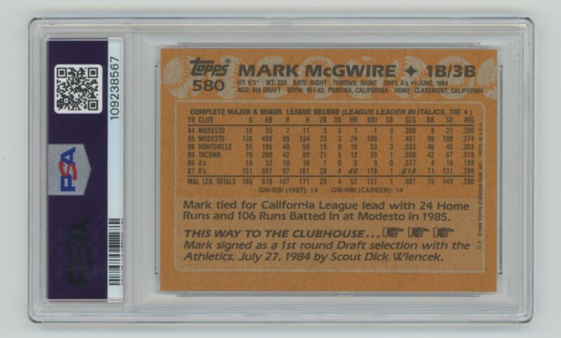 1988 TOPPS MARK MCGWIRE PSA 8 OAKLAND ATHLETICS #580 - Image 3