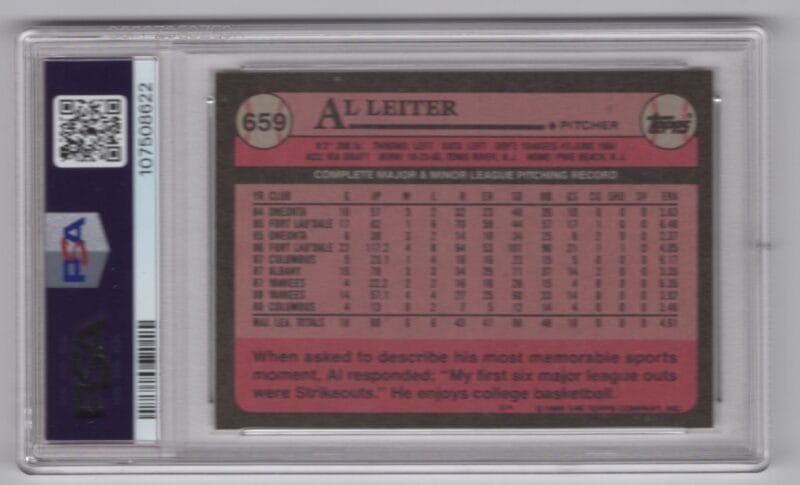 1989 TOPPS AL LEITER PSA 8 NEW YORK YANKEES #659 POP 3 ONLY 5 HIGHER - Image 3