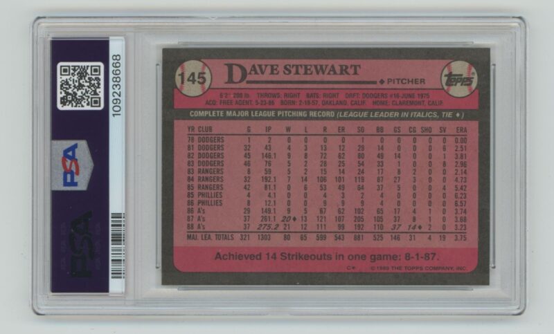 1989 TOPPS DAVE STEWART PSA 8 OAKLAND ATHLETICS #145 POP 6 ONLY 5 HIGHER - Image 3