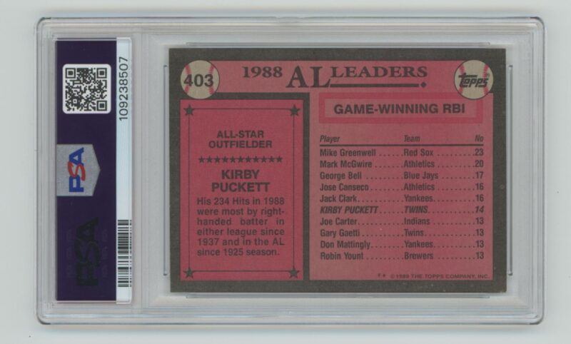 1989 TOPPS KIRBY PUCKETT PSA 8 MINNESOTA TWINS #403 - Image 3