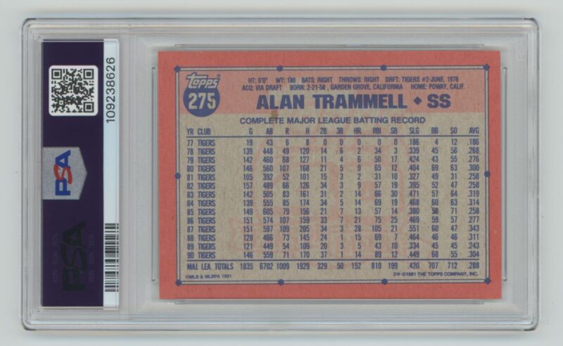 1991 TOPPS ALAN TRAMMELL PSA 8 DETROIT TIGERS #275 POP 6, TOTAL POP 62 - Image 3
