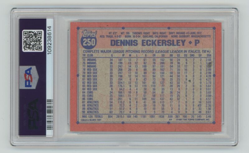 1991 TOPPS DENNIS ECKERSLEY PSA 8 OAKLAND ATHLETICS #250 POP 7, TOTAL POP 82 - Image 3