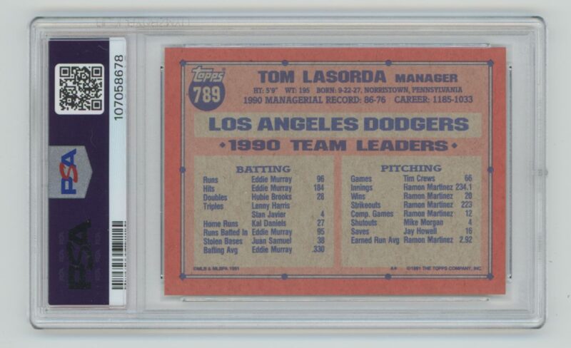 1991 TOPPS TOMMY LASORDA PSA 9 LOS ANGELES DODGERS #789 POP 20 ONLY 9 HIGHER - Image 3