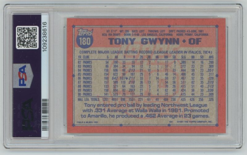 1991 TOPPS TONY GWYNN PSA 9 SAN DIEGO PADRES #180 - Image 3