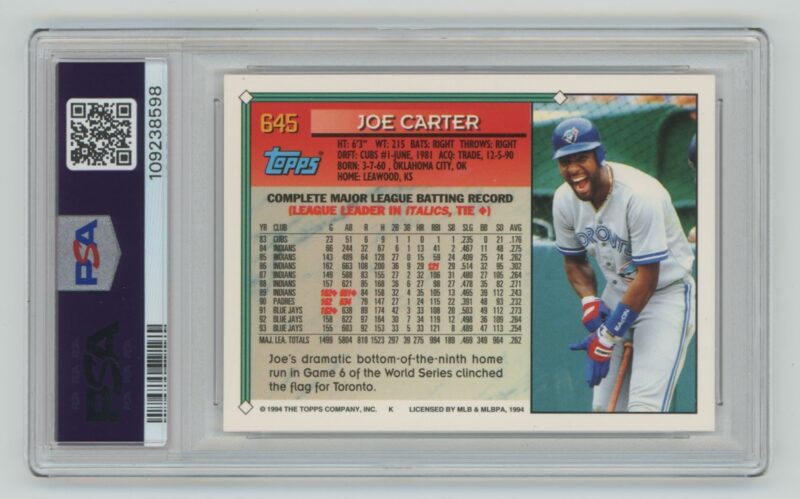 1994 TOPPS JOE CARTER PSA 7 TORONTO BLUE JAYS #645 POP 1, ONLY 5 HIGHER - Image 3