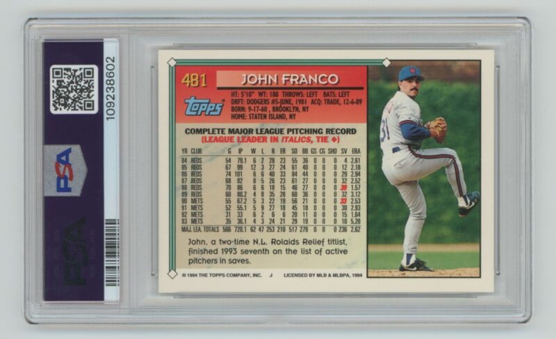 1994 TOPPS JOHN FRANCO PSA 9 NEW YORK METS #481 POP 1, ONLY 1 HIGHER - Image 3