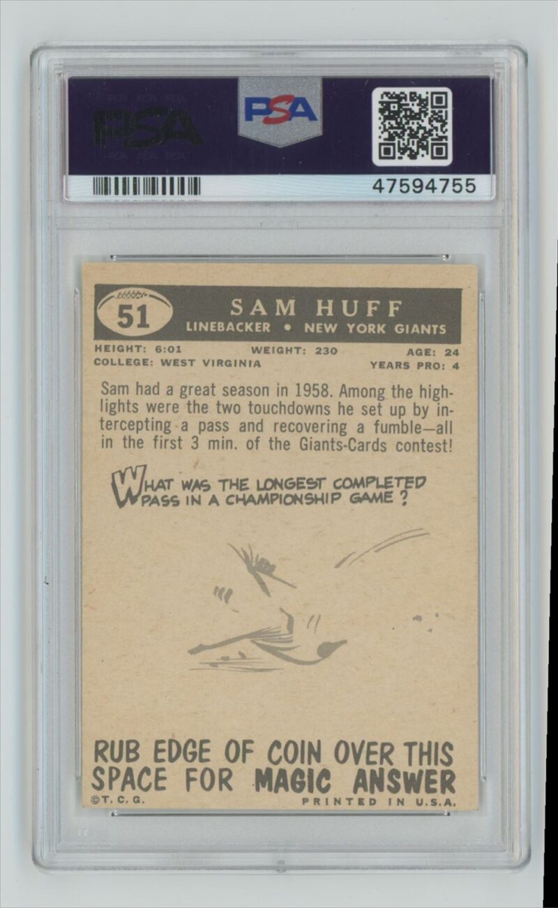 1959 TOPPS SAM HUFF ROOKIE PSA 7 NEW YORK GIANTS #51 . - Image 3