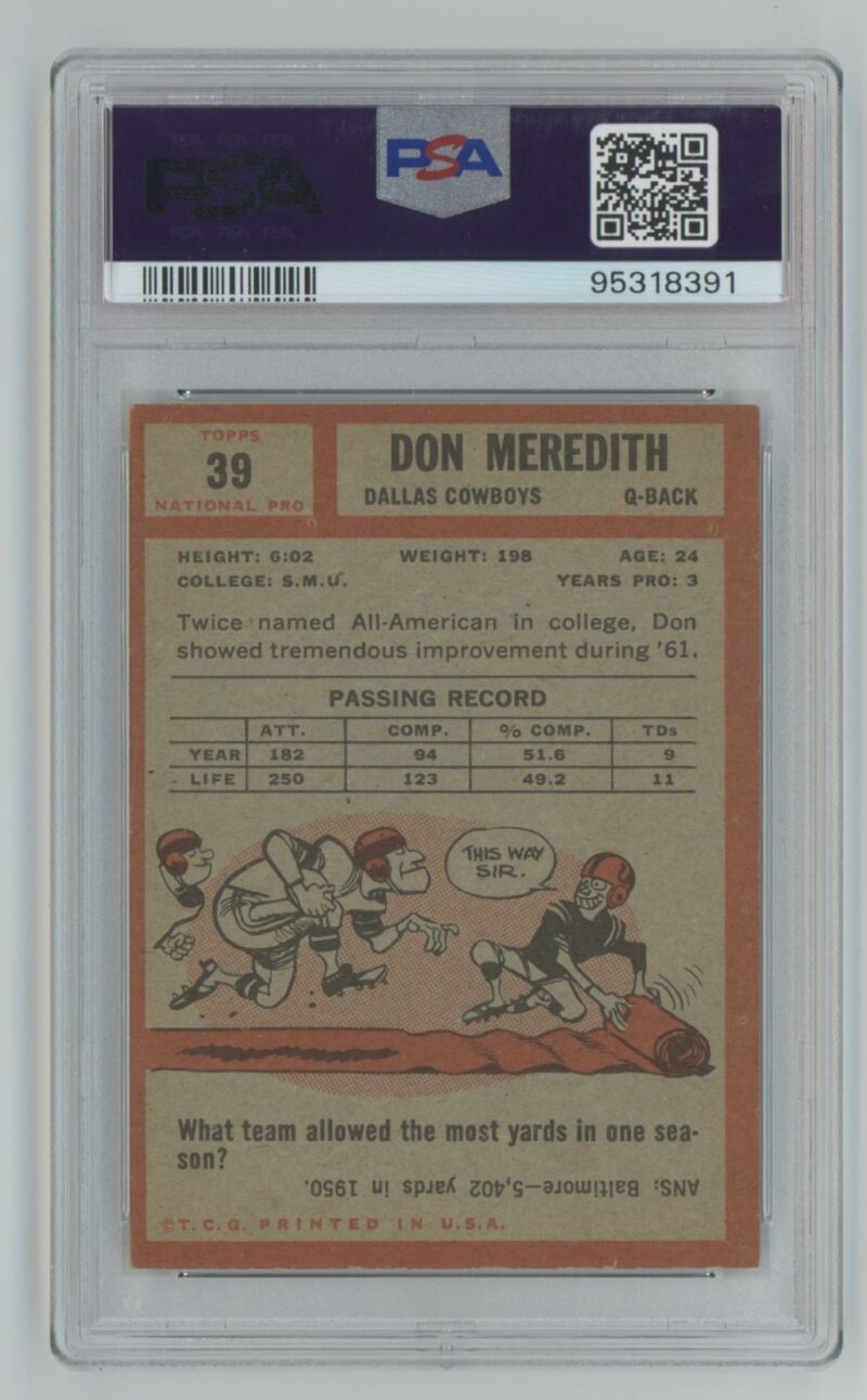 1962 TOPPS DON MEREDITH PSA 4 DALLAS COWBOYS #39 - Image 3