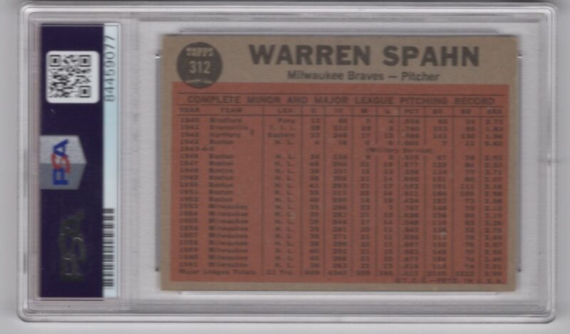 1962 TOPPS WARREN SPAHN AUTO PSA MILWAUKEE BRAVES #312 HAND SIGNED AUTOGRAPH - Image 3