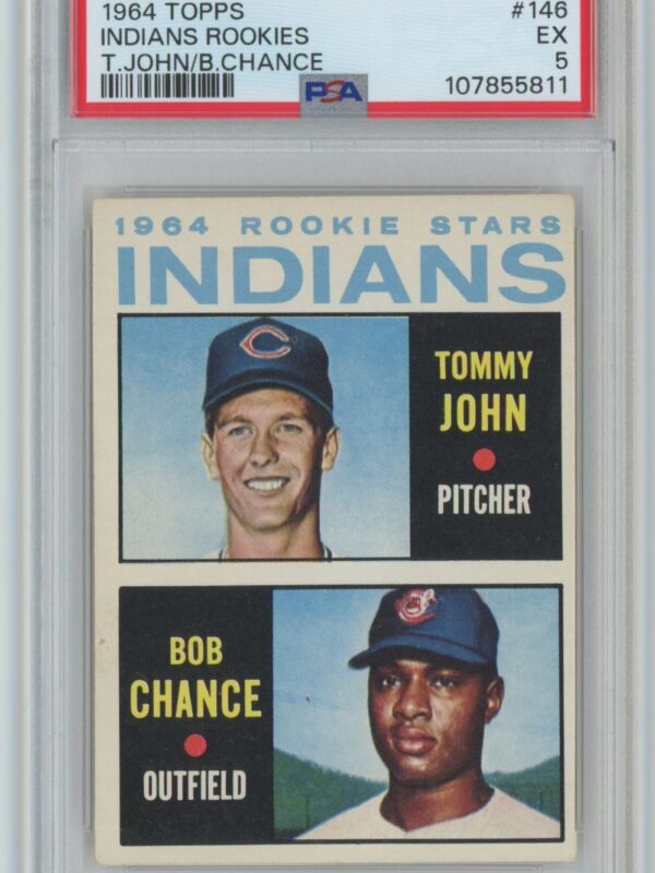 1964 TOPPS 1964 INDIANS ROOKIE STARS - TOMMY JOHN/BOB CHANCE ROOKIE PSA 5
