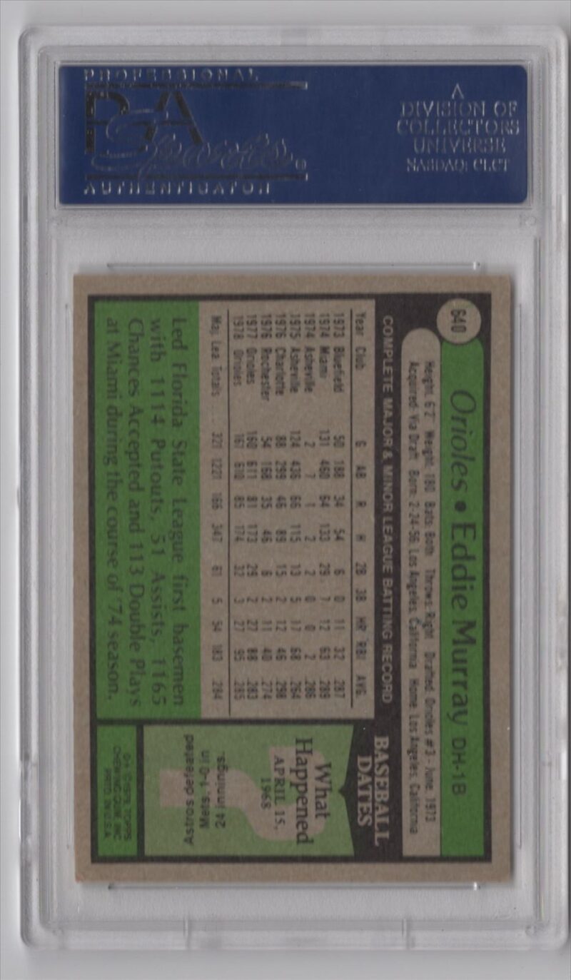 1979 TOPPS EDDIE MURRAY AUTO PSA BALTIMORE ORIOLES #640 - Image 3