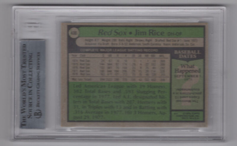 1979 TOPPS JIM RICE AUTO BECKETT BOSTON RED SOX #400 - Image 3