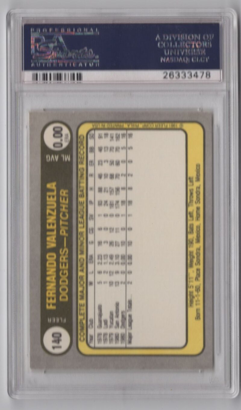 1981 FLEER FERNANDO VALENZUELA PSA 8 LOS ANGELES DODGERS #140 - Image 3