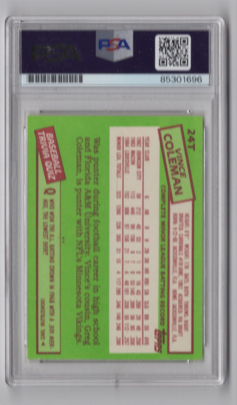 1985 3-15 VINCE COLEMAN ROOKIE AUTO PSA ST. LOUIS CARDINALS #24 AUTO. AUTH. - Image 3