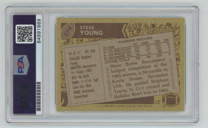 1986 TOPPS STEVE YOUNG ROOKIE AUTO AUTHENTIC AUTOGRAPH 84991889 PSA TAMPA BAY - Image 3