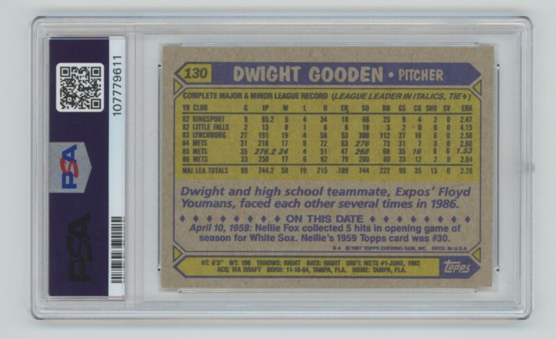 1987 TOPPS DWIGHT GOODEN AUTO PSA 8 NEW YORK METS #130 AUTHENTIC AUTOGRAPH - Image 3