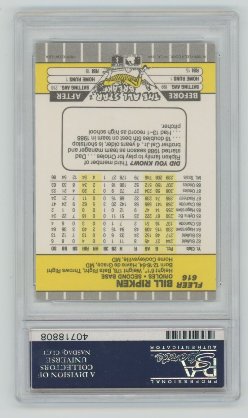 1989 FF ERROR BILL RIPKEN ROOKIE 40718808 PSA 9 BALTIMORE ORIOLES #616 FLEER - Image 3