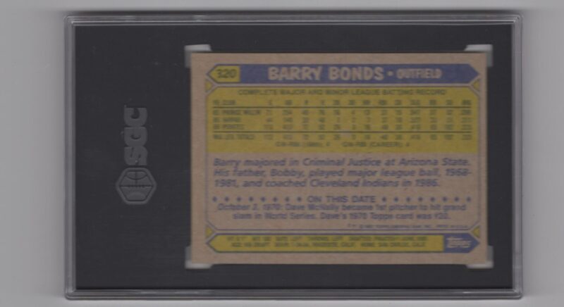 1989 TOPPS BARRY BONDS ROOKIE SGC 6.5 PITTSBURGH PIRATES #320 - Image 3
