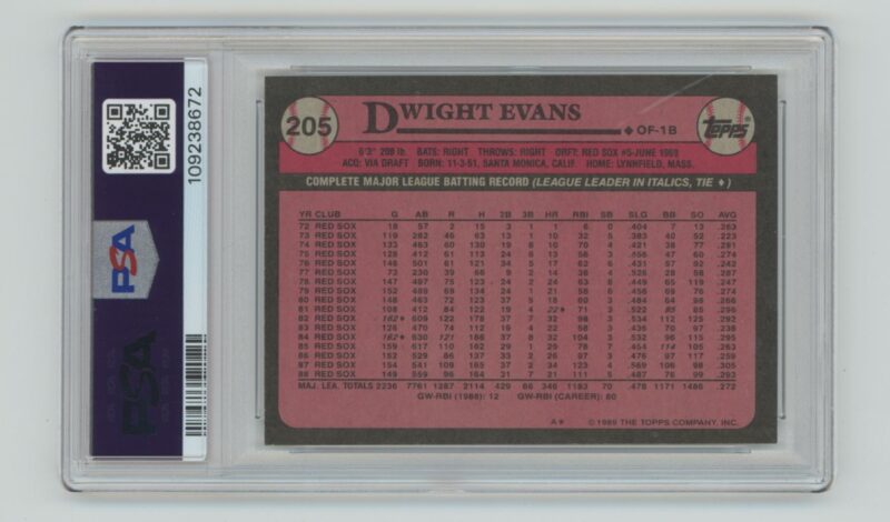 1989 TOPPS DWIGHT EVANS PSA 9 BOSTON RED SOX #205 POP 17, TOTAL POP 57 - Image 3