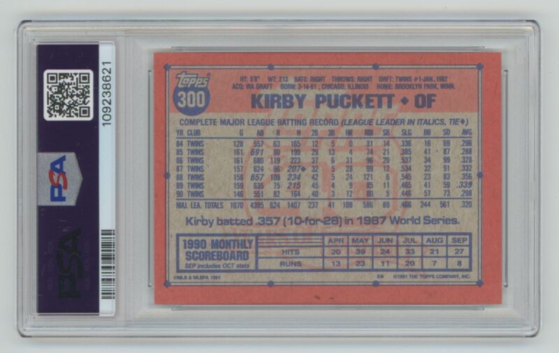 1991 TOPPS KIRBY PUCKETT PSA 7 MINNESOTA TWINS #300 - Image 3