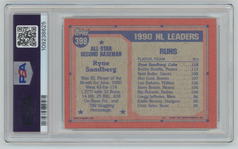 1991 TOPPS RYNE SANDBERG PSA 99 CHICAGO CUBS #398 POP 24, TOTAL POP 81 - Image 3
