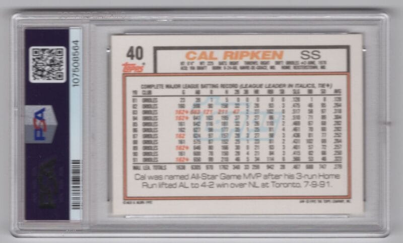 1992 TOPPS CAL RIPKEN PSA 9 BALTIMORE ORIOLES #40 - Image 3