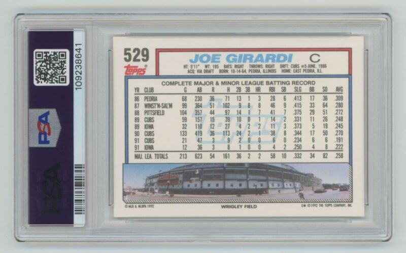 1992 TOPPS JOE GIRARDI PERFECT PSA 10 PSA 10 CHICAGO CUBS #529 TOTAL POP 4 - Image 3