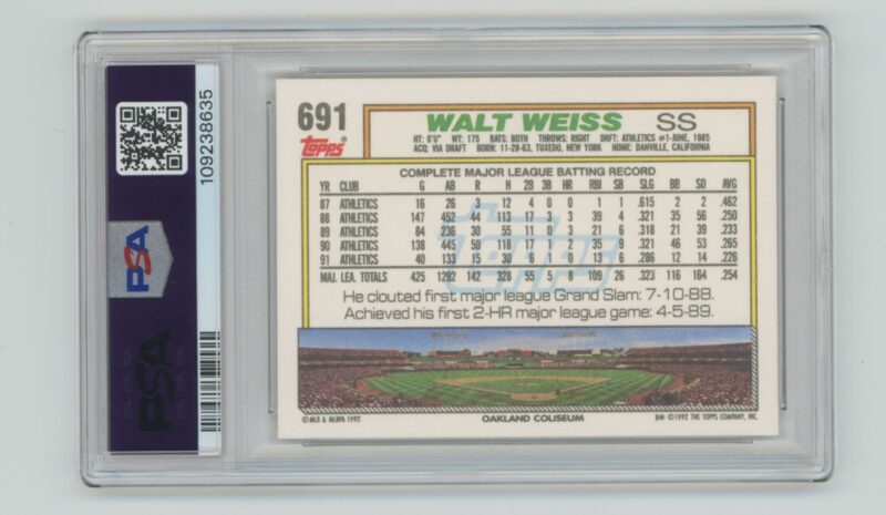 1992 TOPPS WALT WEISS PSA 10 OAKLAND ATHLETICS #691 - Image 3