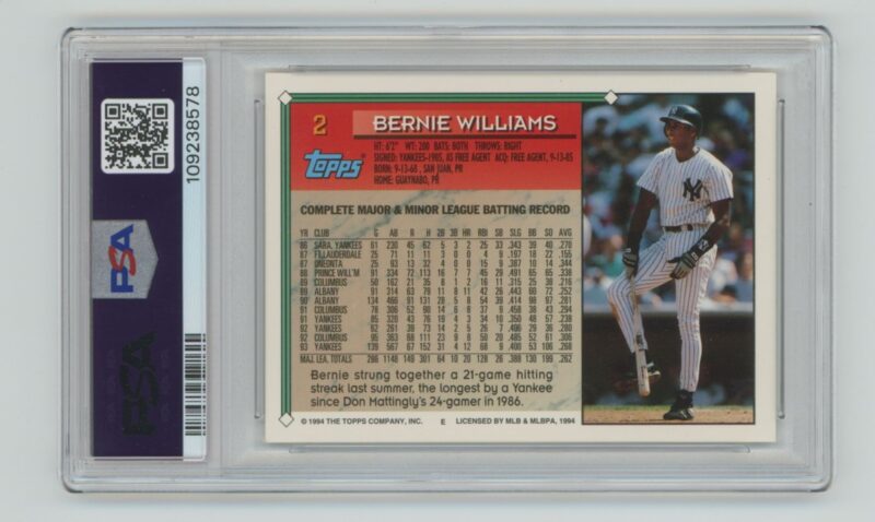 1994 TOPPS BERNIE WILLIAMS PSA 7 NEW YORK YANKEES #2 POP 2, TOTAL POP ONLY 16 - Image 3