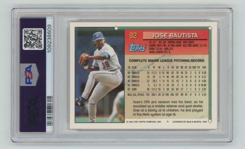 1994 TOPPS JOSE BAUTISTA PSA 8 CHICAGO CUBS #92 RARE POP 2 ONLY 2 HIGHER - Image 3