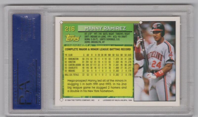 1994 TOPPS MANNY RAMIREZ ROOKIE 14277592 PSA 10 CLEVELAND INDIANS #216 - Image 3