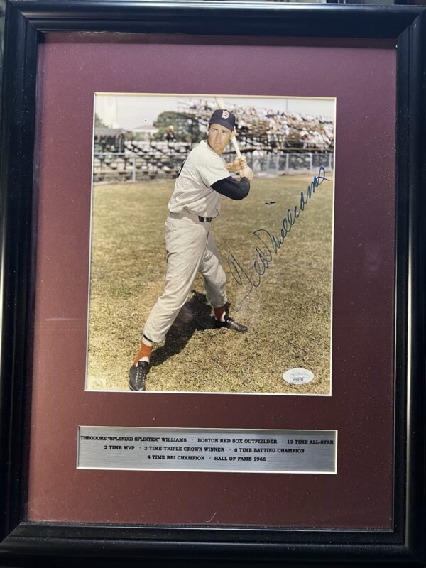Ted William Autographed 8x10 framed Original photo w/ Notable Accomplishments