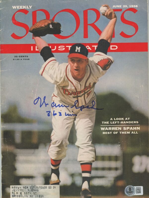 WARREN SPAHN AUTOGRAPHED ORIGINAL SPORTS ILLUSTRATED - JUNE 25 1956 - BECKETT