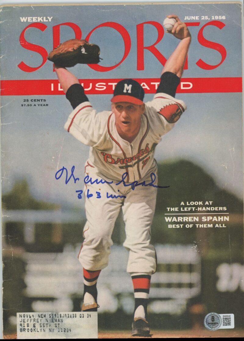 WARREN SPAHN AUTOGRAPHED ORIGINAL SPORTS ILLUSTRATED - JUNE 25 1956 - BECKETT