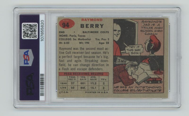 1957 TOPPS RAYMOND BERRY ROOKIE PSA 4 BALTIMORE COLTS #94 - Image 3