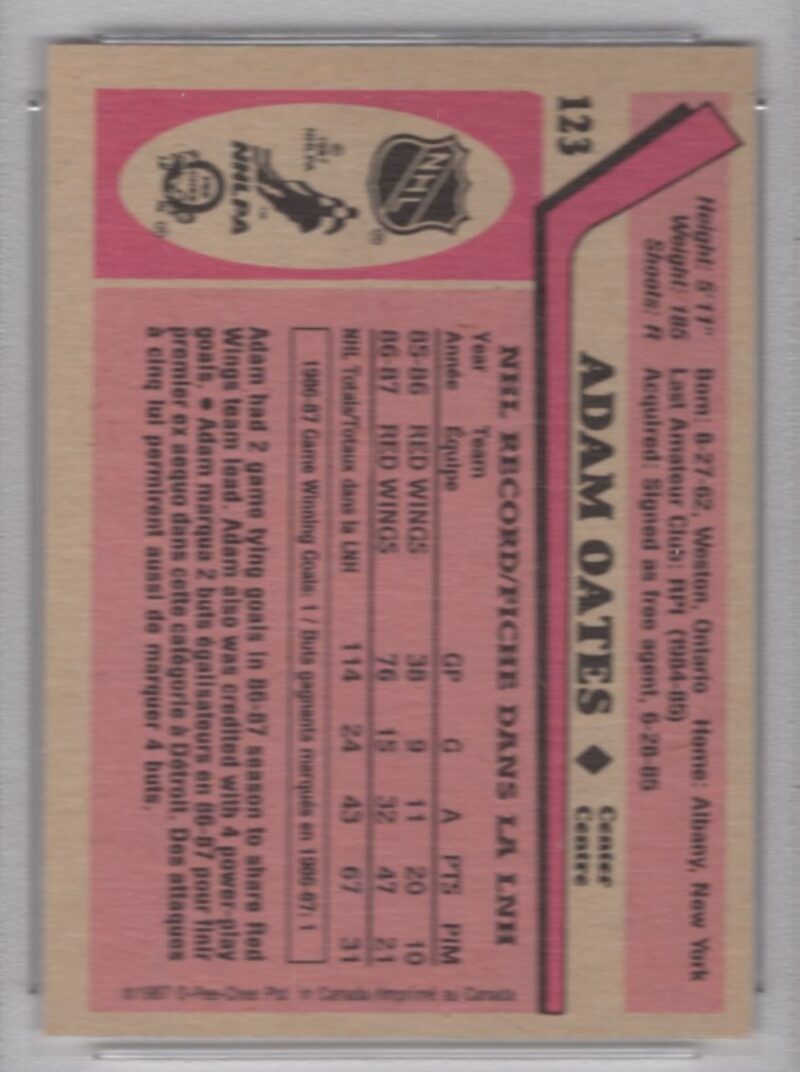 1984-85 O-PEE-CHEE 3-15 ADAM OATES AUTO PSA 10 DETROIT RED WINGS #123 - Image 3