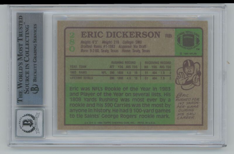 1984 TOPPS ERIC DICKERSON ROOKIE AUTO BECKETT 10 LOS ANGELES RAMS #1 INSCRIBED - Image 3